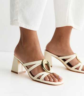 Cream Faux Leather Heeled Mule Sandals