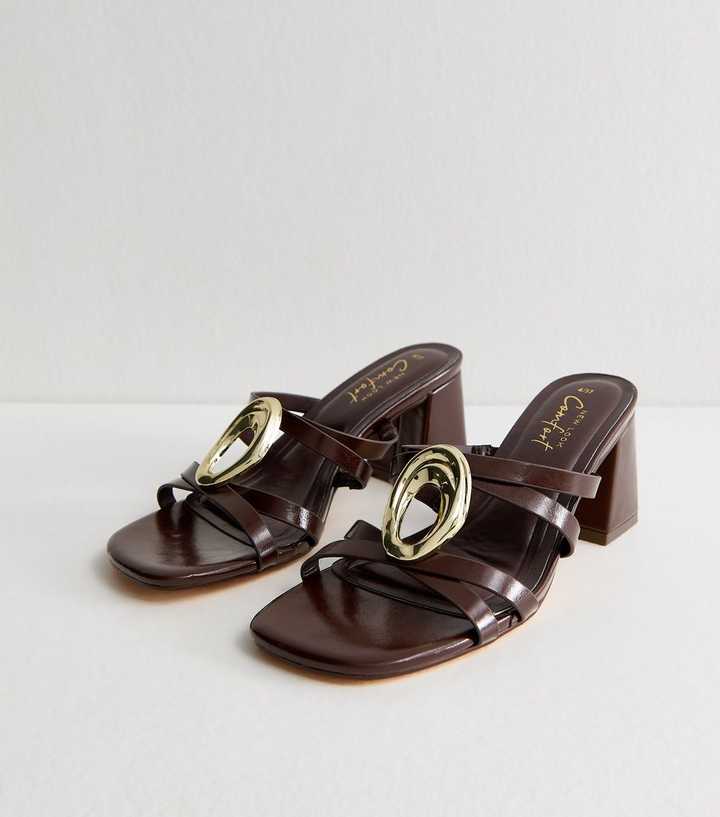 Dark Brown Faux Leather Heeled Mule Sandals