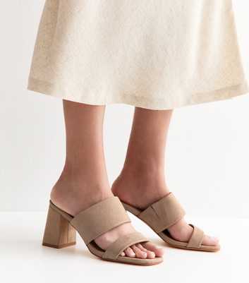 Wide Fit Faux Suede Light Brown Block Heel Mules