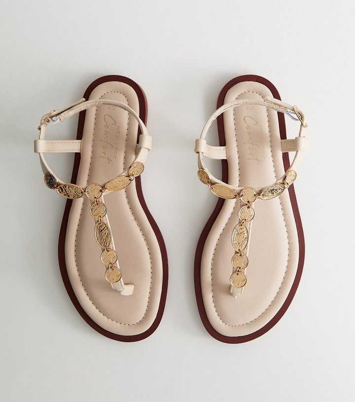 Off White Gold Coin Trim Toe Post Sandals