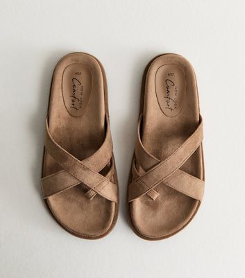 Light Brown Faux Suede Toe Loop Flat Sandals