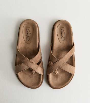 Light Brown Faux Suede Toe Loop Flat Sandals
