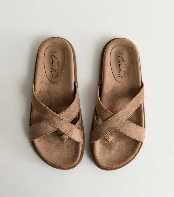 Light Brown Faux Suede Toe Loop Flat Sandals