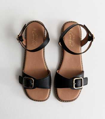 Black Buckled Strap Faux Leather Sandals