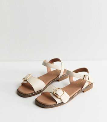 White Buckled Strap Faux Leather Sandals