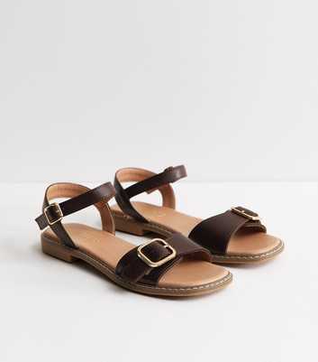 Brown Buckled Strap Faux Leather Sandals