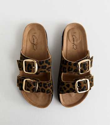 Brown Animal Print Cork Sole Double Strap Mule Sandals