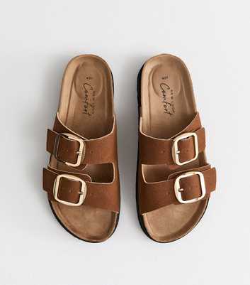 Tan Cork Sole Double Strap Mule Sandals