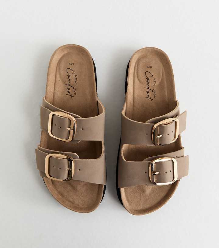 Light Brown Cork Sole Double Strap Mule Sandals