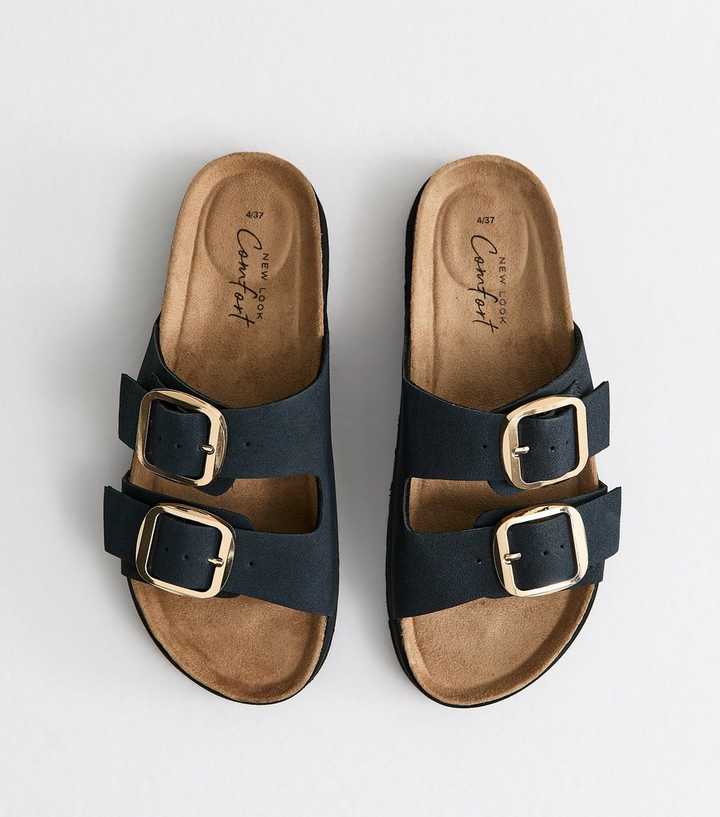 Navy Cork Sole Double Strap Mule Sandals