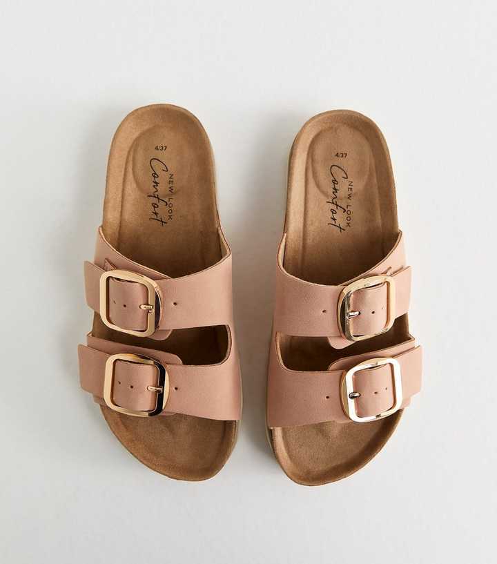 Light Pink Cork Sole Double Strap Mule Sandals