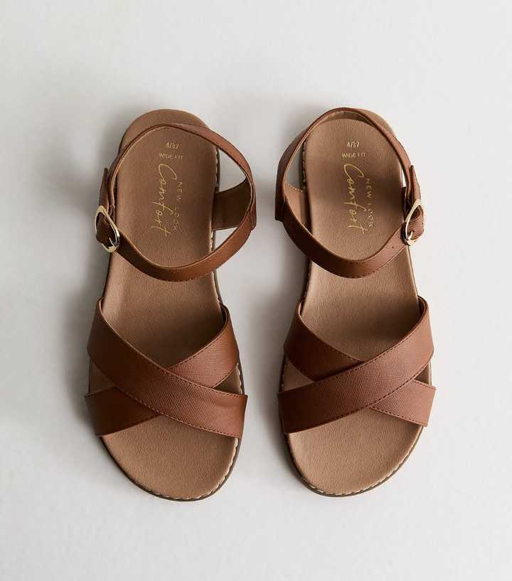 Wide Fit Tan Cross Over Flat Sandals