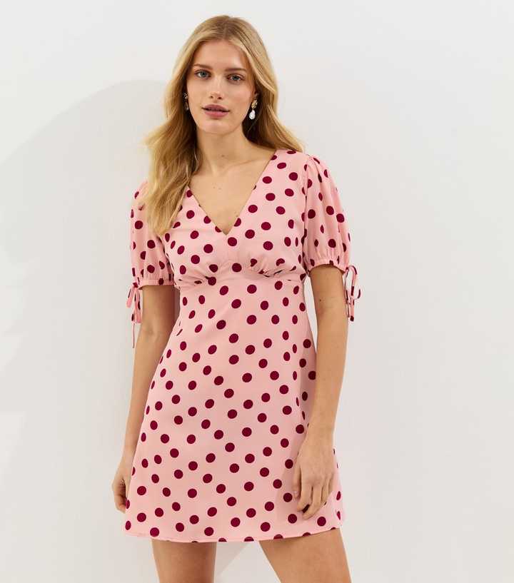 Pink Crepe Polka Dot Tie Sleeve Mini Dress