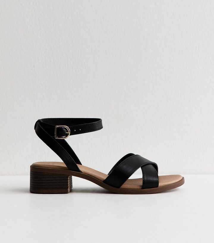 Wide Fit Black Faux Leather Block Heel Sandals