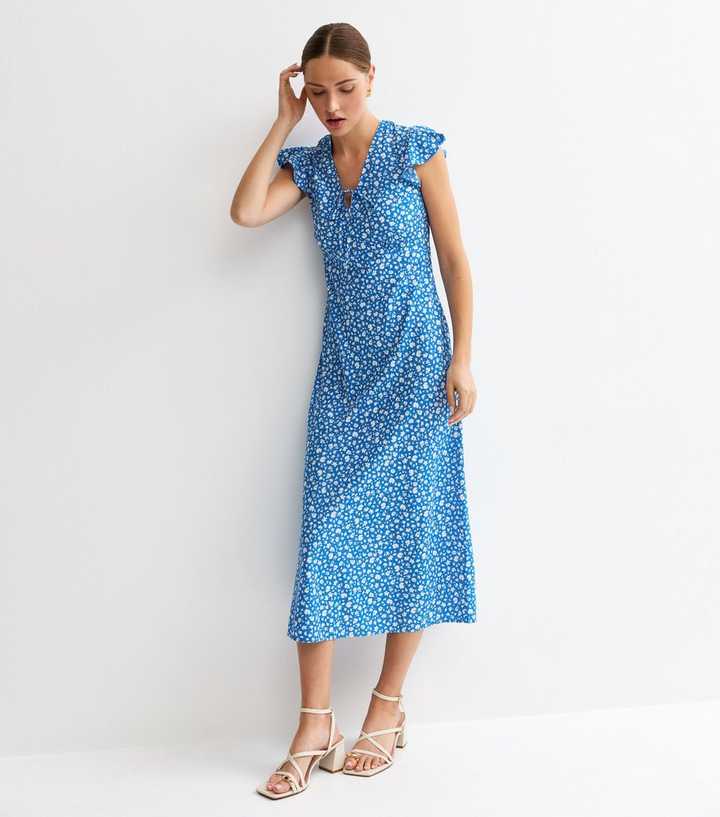 Blue Ditsy Floral Flutter Sleeve Midi Dress | New Look