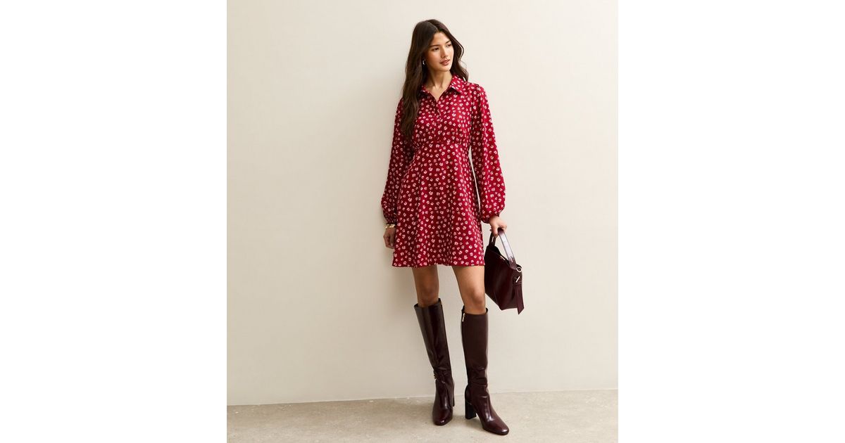 Red Floral Long Sleeve Mini Shirt Dress | New Look