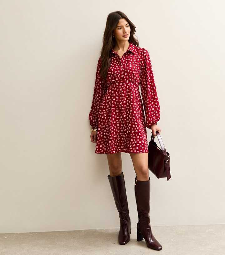 Red Floral Long Sleeve Mini Shirt Dress | New Look Red Floral Long Sleeve Mini Shirt Dress | New Look