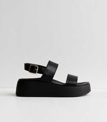 Wide Fit Black Faux Leather Flatform Sandals