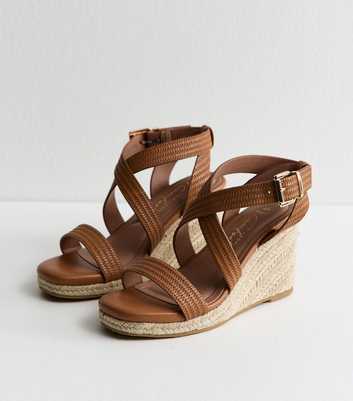 Wide Fit Tan Textured Faux Leather Wedge Sandals