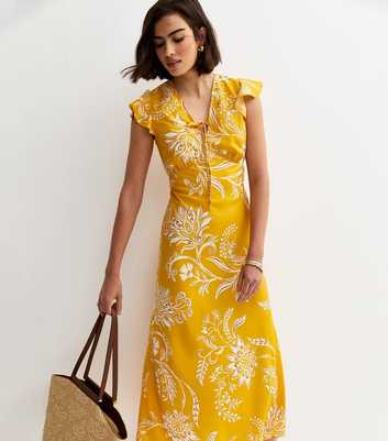 Yellow Floral Flutter Sleeve Midi Dress
