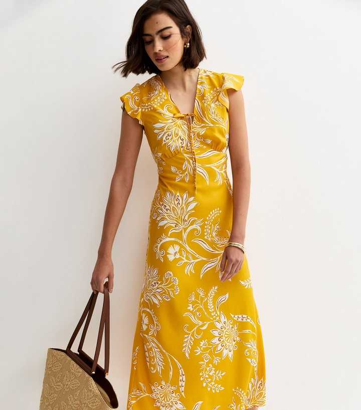 Yellow Floral Flutter Sleeve Midi Dress