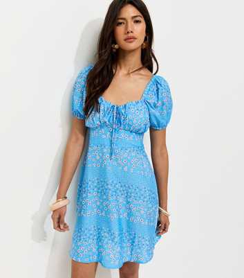 Blue Daisy Pattern Milkmaid Mini Dress