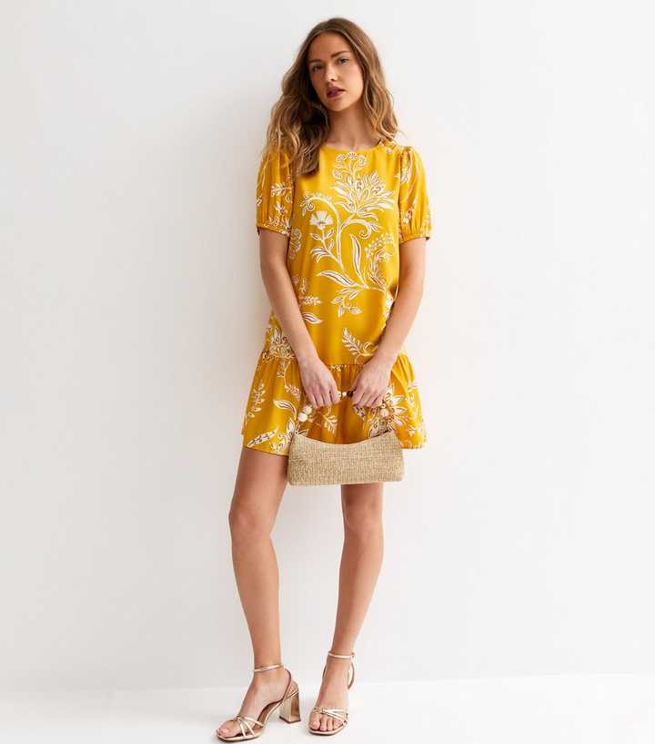 Yellow Crepe Leaf Print Smock Mini Dress