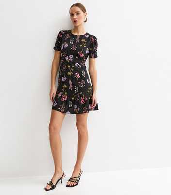 Black Floral Ruched Sleeve Mini Dress