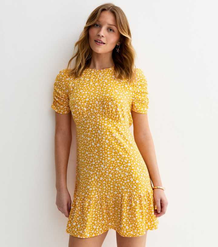 Yellow Floral Print Gathered Sleeve Mini Dress