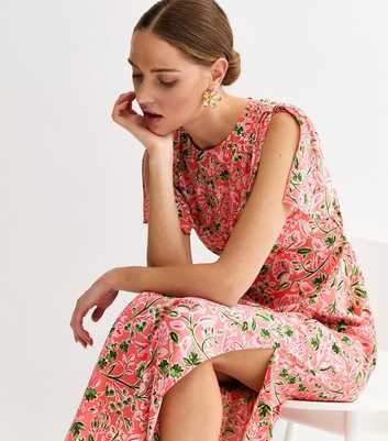 Pink Floral Flutter Sleeve Midi Dress