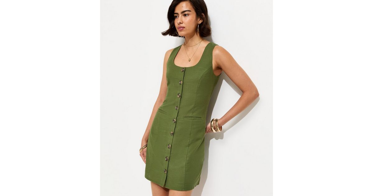 Dark Khaki Cotton Button Through Mini Dress | New Look
