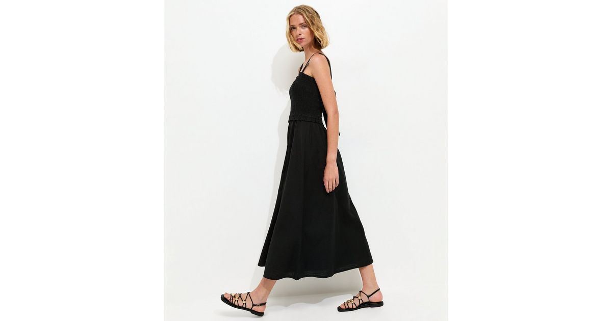 Black Cotton Shirred Bow Strap Midi Dress