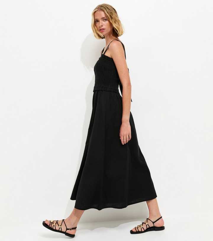 Black Cotton Shirred Bow Strap Midi Dress