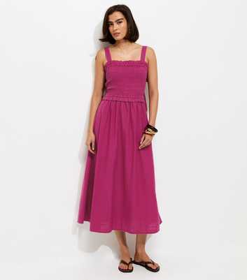 Light Burgundy Cotton Shirred Bow Strap Midi Dress