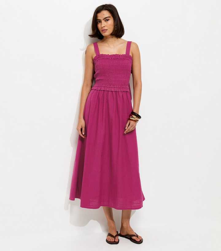 Light Burgundy Cotton Shirred Bow Strap Midi Dress