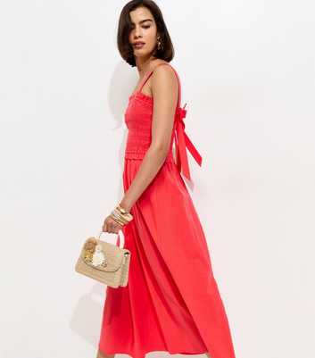 Dark Coral Cotton Shirred Bow Strap Midi Dress