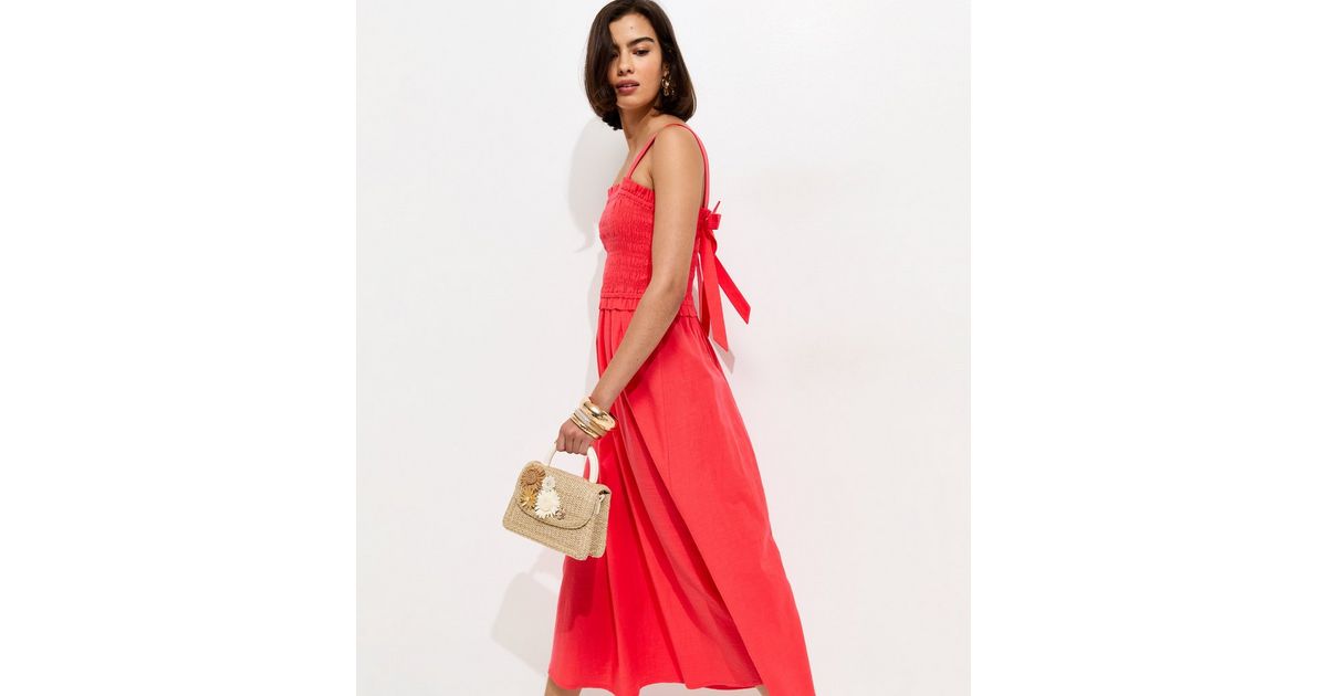 Dark Coral Cotton Shirred Bow Strap Midi Dress