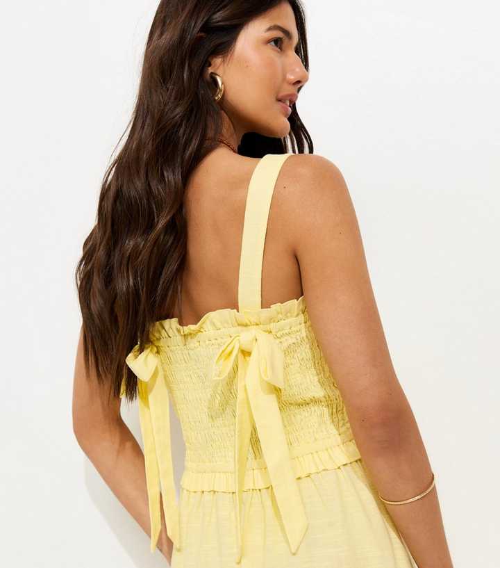 Light Yellow Cotton Shirred Bow Strap Midi Dress | New Look