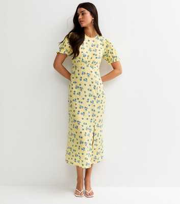 Yellow Floral Short Sleeve Midi Dress