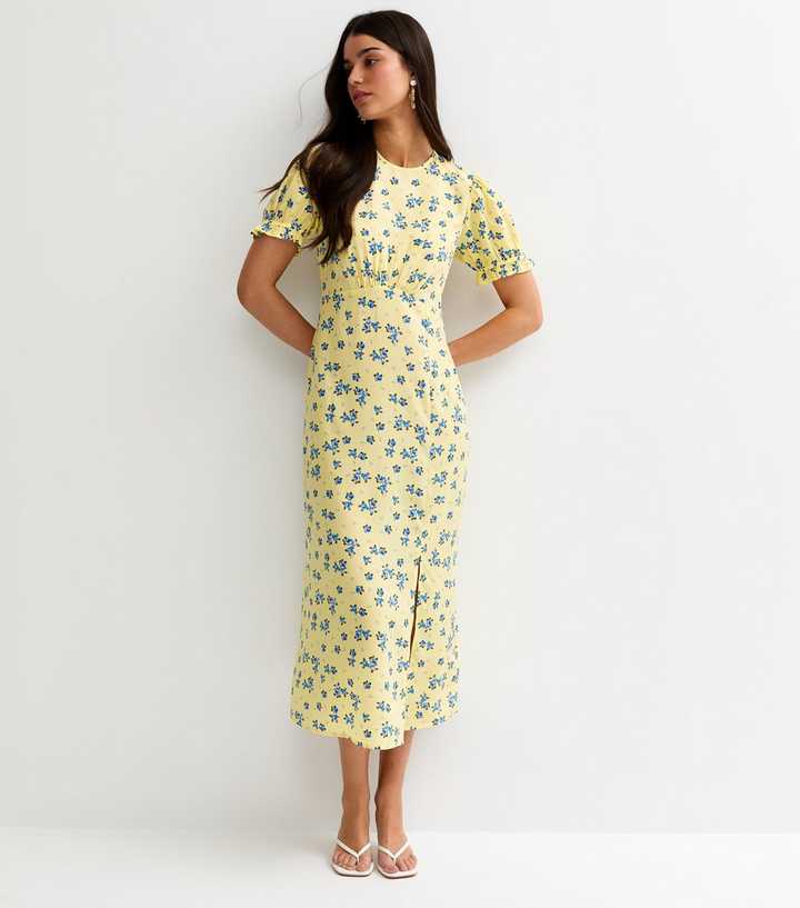 Yellow Floral Short Sleeve Midi Dress
