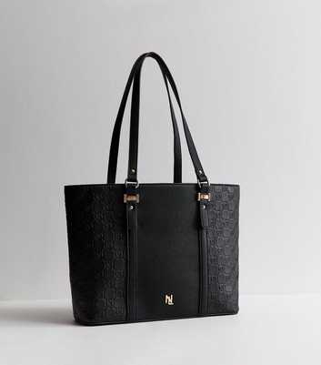Black Faux Leather Logo Embossed Tote Bag