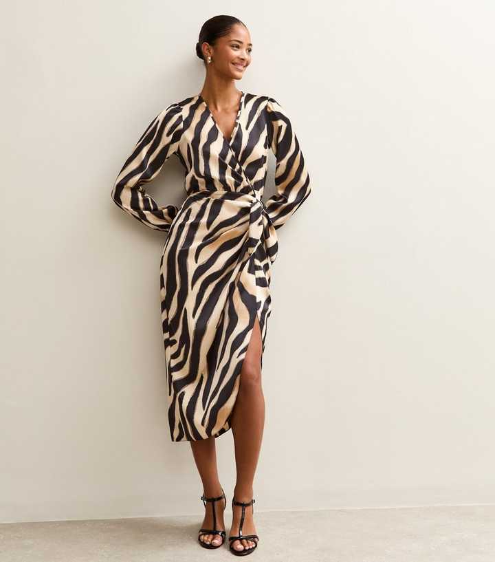 Black Zebra Print Satin Tie Waist Midi Dress | New Look Black Zebra Print Satin Tie Waist Midi Dress | New Look