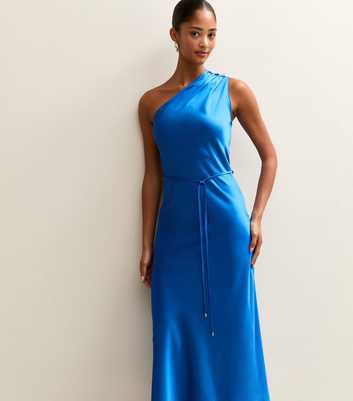 Bright Blue Satin One Shoulder Tie Waist Midi Dress