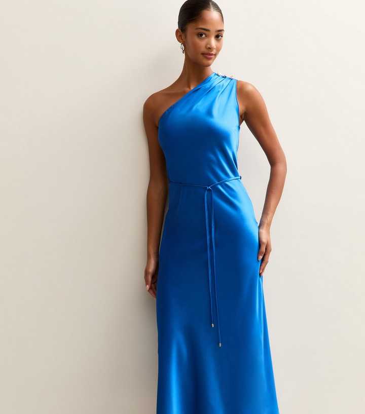 Bright Blue Satin One Shoulder Tie Waist Midi Dress | New Look