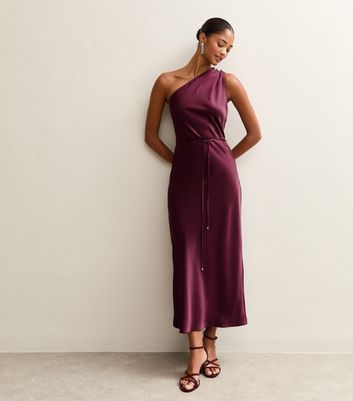 Dark Burgundy Satin One Shoulder Tie Waist Midi Dress | New Look