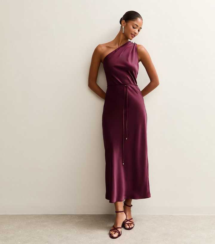 Dark Burgundy Satin One Shoulder Tie Waist Midi Dress | New Look