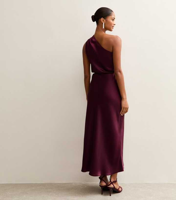 Dark Burgundy Satin One Shoulder Tie Waist Midi Dress | New Look