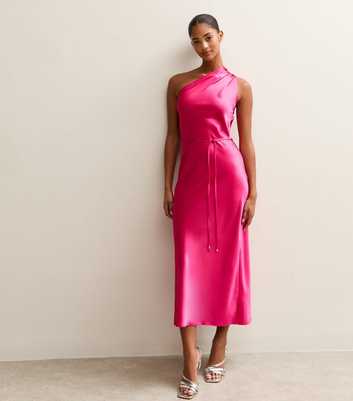 Bright Pink Satin One Shoulder Tie Waist Midi Dress