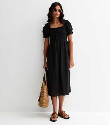Black Cotton Shirred Short Sleeve Midi Dress