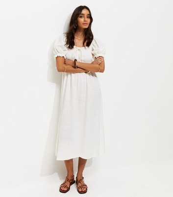 White Cotton Shirred Short Sleeve Midi Dress